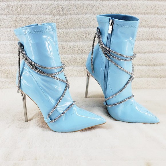 Baby Blue Stretch Patent High Heel Ankle Boots with Rhinestone